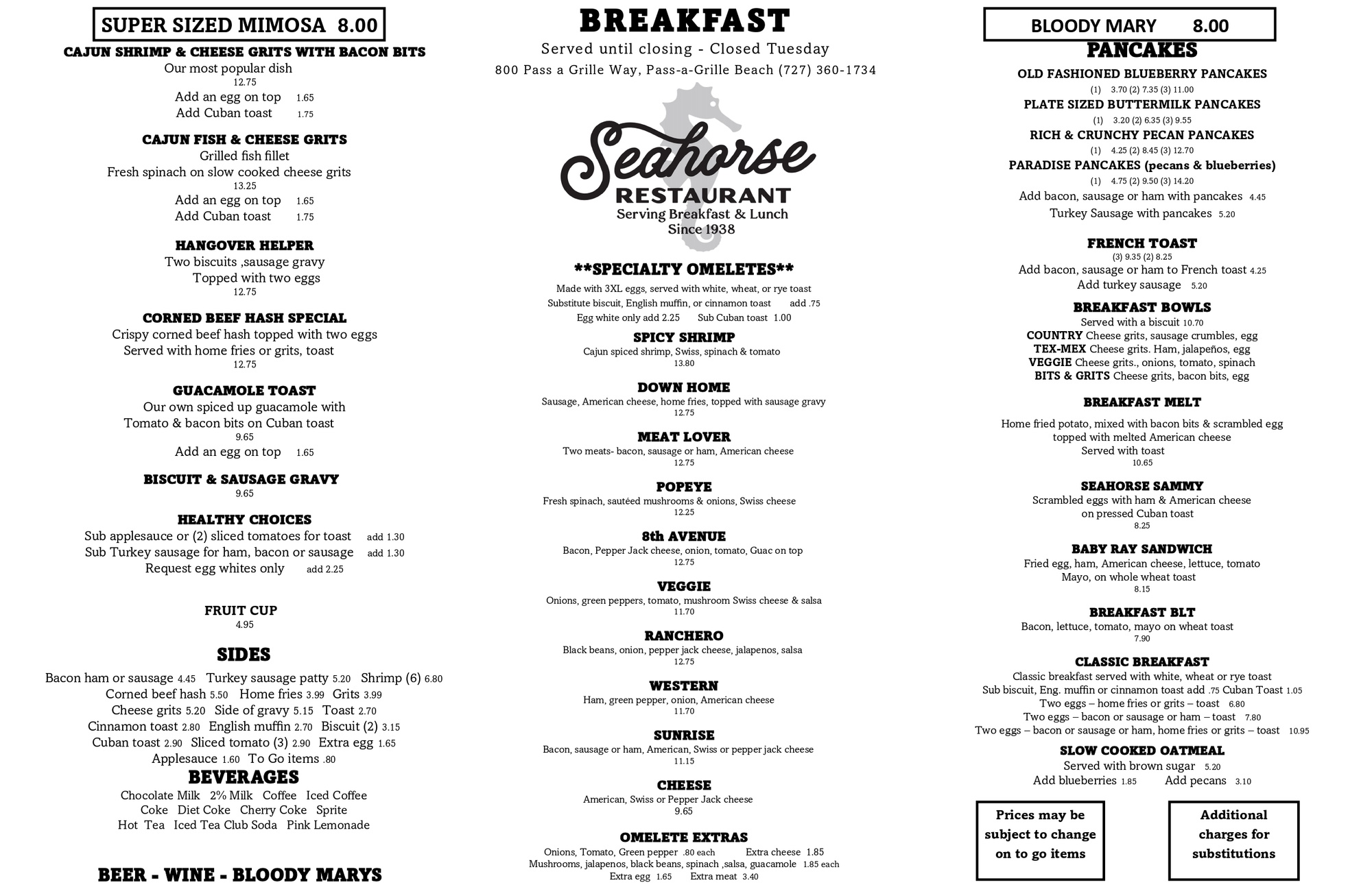 Menu seahorse restaurant